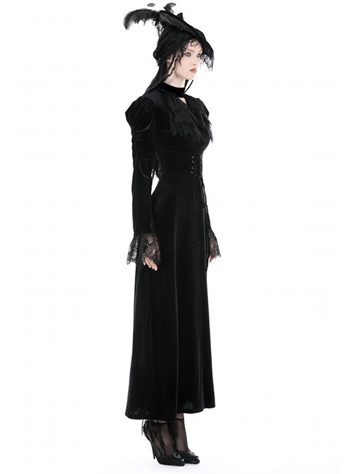 Black Soft Velvet With Metal Cross On The Chest Gothic Waist Long Sleeved Dress