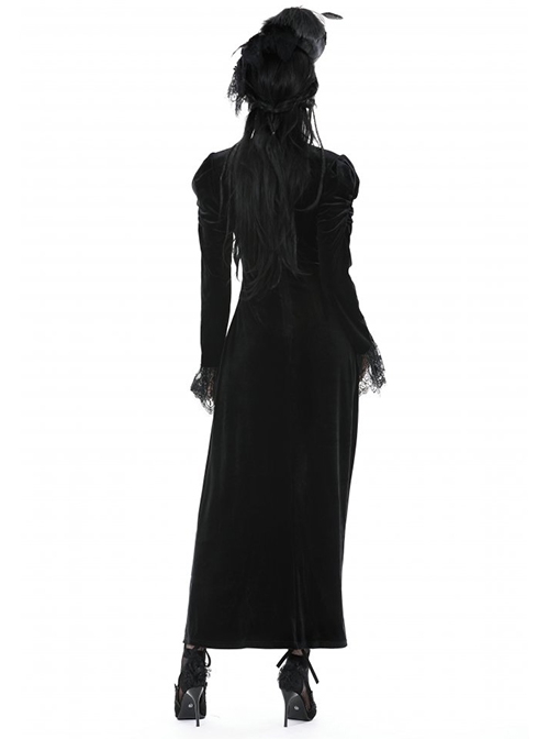 Black Soft Velvet With Metal Cross On The Chest Gothic Waist Long Sleeved Dress