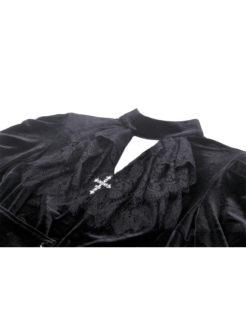 Black Soft Velvet With Metal Cross On The Chest Gothic Waist Long Sleeved Dress