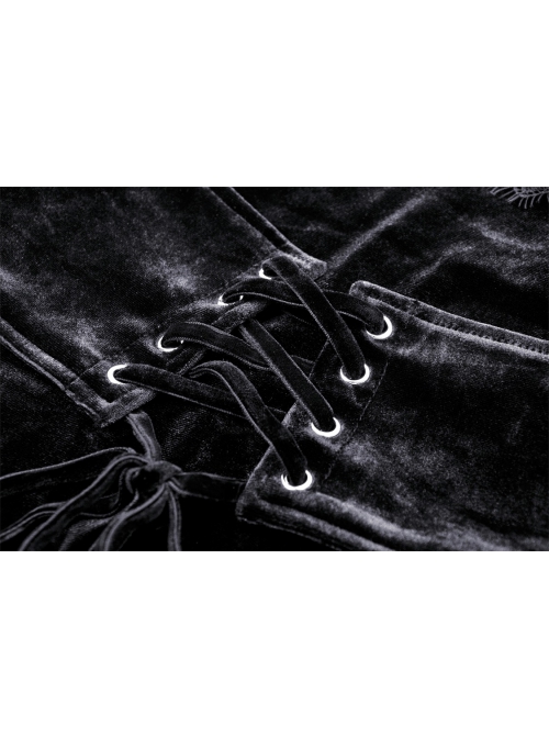 Black Soft Velvet With Metal Cross On The Chest Gothic Waist Long Sleeved Dress