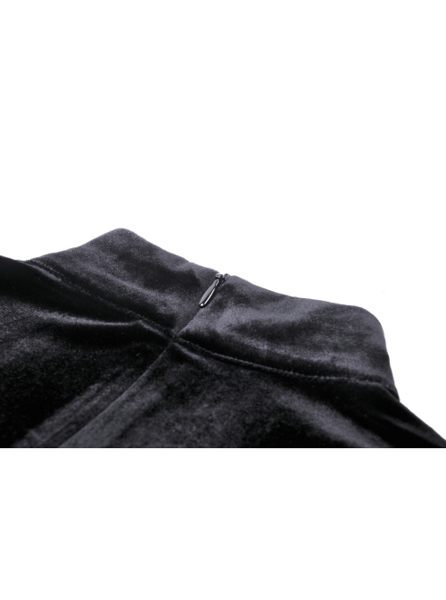 Black Soft Velvet With Metal Cross On The Chest Gothic Waist Long Sleeved Dress