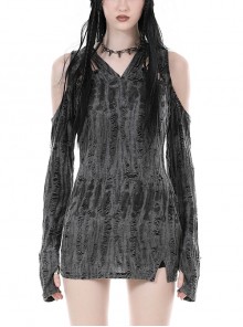 Personalized Gray Ripped With Cut Out Shoulders Punk Style Hooded Long Sleeved Top