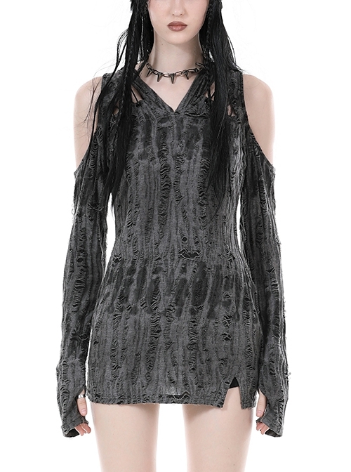 Personalized Gray Ripped With Cut Out Shoulders Punk Style Hooded Long Sleeved Top