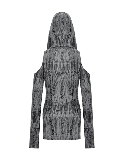 Personalized Gray Ripped With Cut Out Shoulders Punk Style Hooded Long Sleeved Top