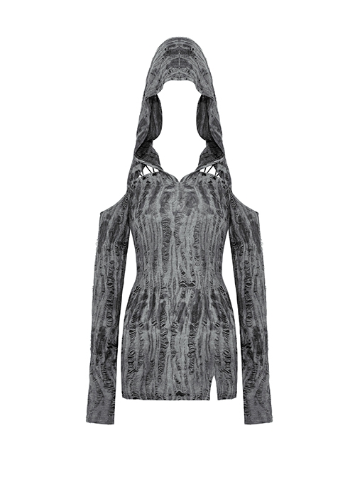 Personalized Gray Ripped With Cut Out Shoulders Punk Style Hooded Long Sleeved Top