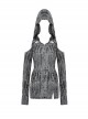 Personalized Gray Ripped With Cut Out Shoulders Punk Style Hooded Long Sleeved Top