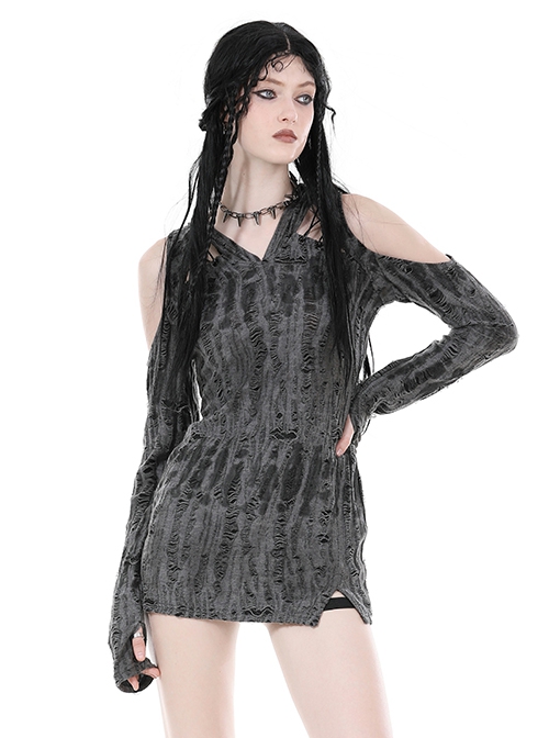 Personalized Gray Ripped With Cut Out Shoulders Punk Style Hooded Long Sleeved Top
