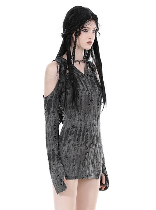 Personalized Gray Ripped With Cut Out Shoulders Punk Style Hooded Long Sleeved Top