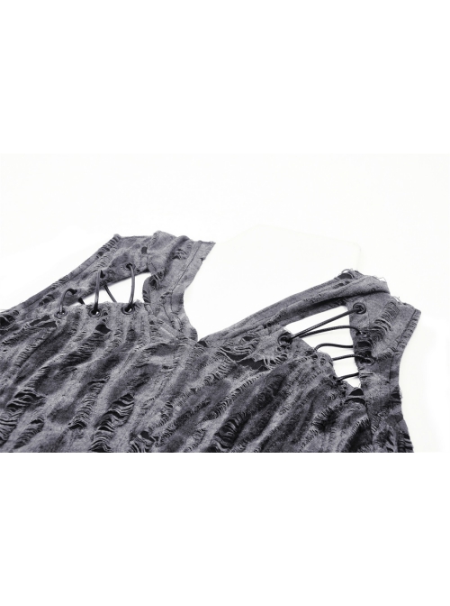 Personalized Gray Ripped With Cut Out Shoulders Punk Style Hooded Long Sleeved Top