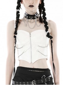 Sexy White Woven Front Metal Chain Back With Adjustable Straps Punk Style Suspender Corset