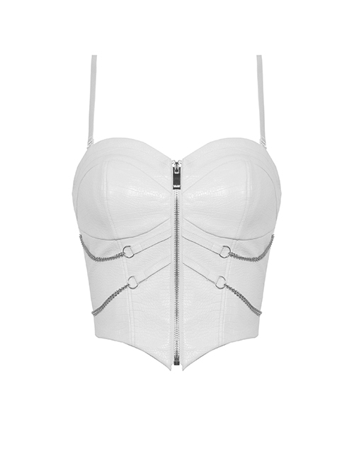 Sexy White Woven Front Metal Chain Back With Adjustable Straps Punk Style Suspender Corset