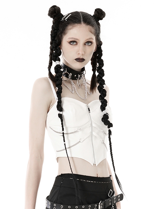 Sexy White Woven Front Metal Chain Back With Adjustable Straps Punk Style Suspender Corset