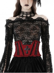Blood Red Woven Pattern Print Front Center Cross Decoration Back Tie Design Gothic Style Waist Belt