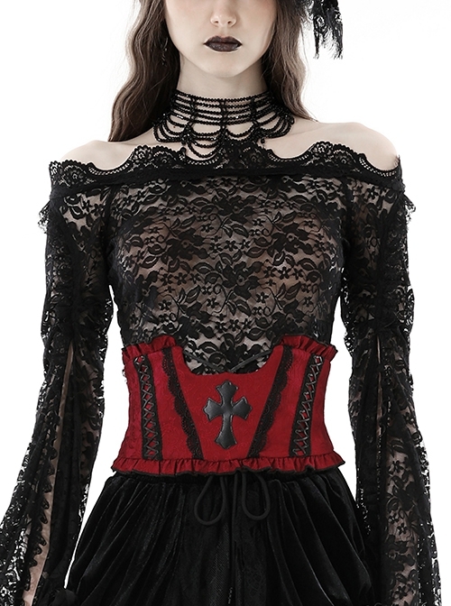 Blood Red Woven Pattern Print Front Center Cross Decoration Back Tie Design Gothic Style Waist Belt