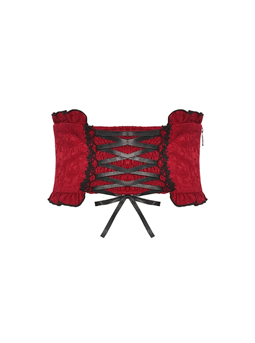 Blood Red Woven Pattern Print Front Center Cross Decoration Back Tie Design Gothic Style Waist Belt