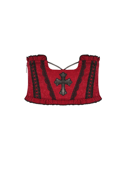 Blood Red Woven Pattern Print Front Center Cross Decoration Back Tie Design Gothic Style Waist Belt