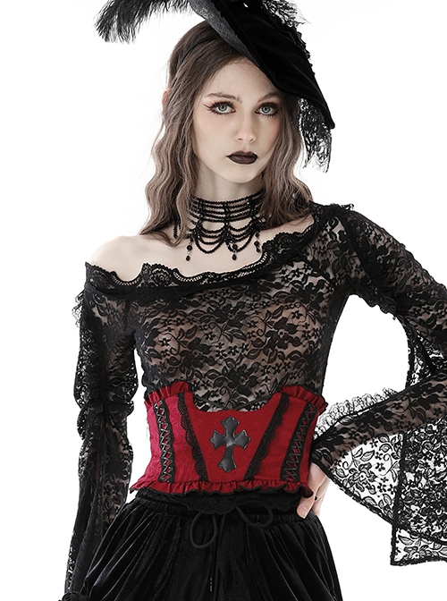 Blood Red Woven Pattern Print Front Center Cross Decoration Back Tie Design Gothic Style Waist Belt