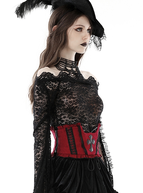 Blood Red Woven Pattern Print Front Center Cross Decoration Back Tie Design Gothic Style Waist Belt