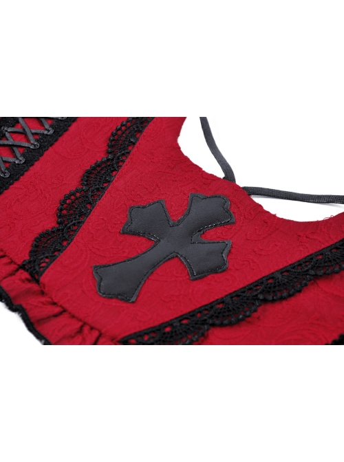 Blood Red Woven Pattern Print Front Center Cross Decoration Back Tie Design Gothic Style Waist Belt