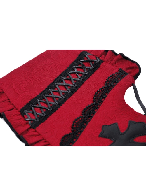 Blood Red Woven Pattern Print Front Center Cross Decoration Back Tie Design Gothic Style Waist Belt