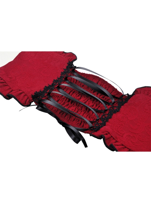 Blood Red Woven Pattern Print Front Center Cross Decoration Back Tie Design Gothic Style Waist Belt