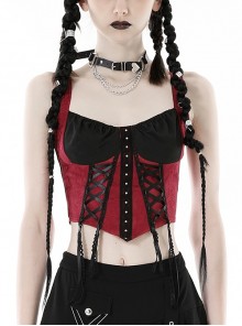 Black And Red Sexy Tie Front Decorated With Metal Rivets In The Middle Gothic Style Corset