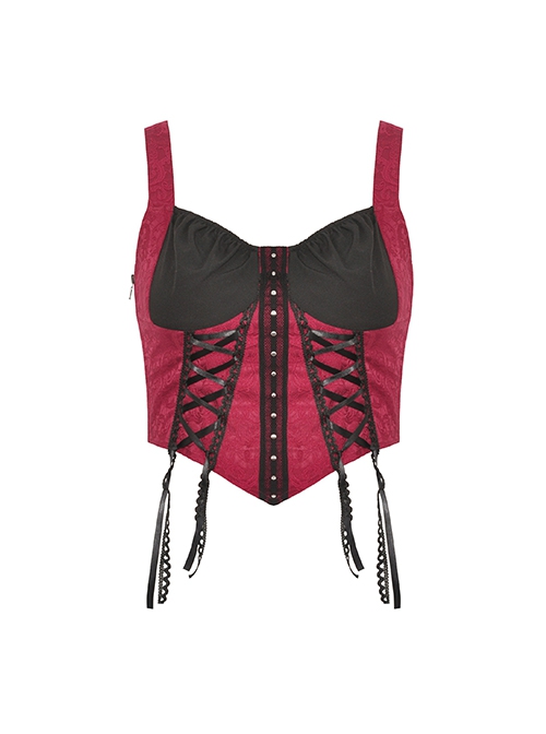 Black And Red Sexy Tie Front Decorated With Metal Rivets In The Middle Gothic Style Corset