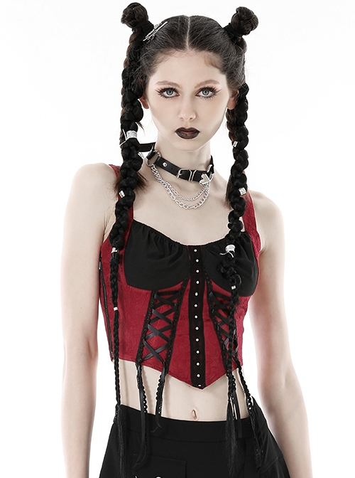 Black And Red Sexy Tie Front Decorated With Metal Rivets In The Middle Gothic Style Corset