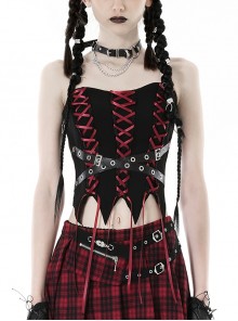 Personalized Black And Red Front And Back Cross Tie Waist Faux Leather Belt Decoration Gothic Spiked Corset