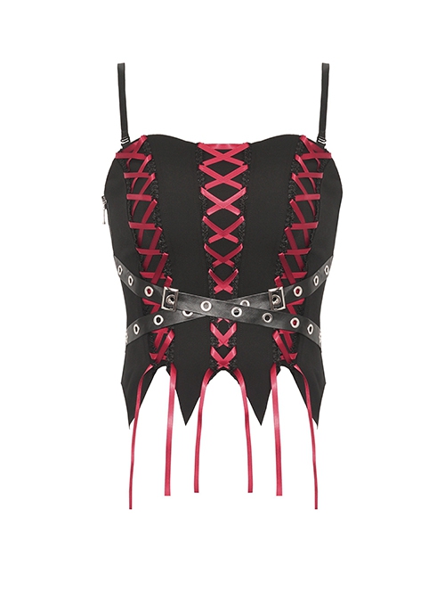 Personalized Black And Red Front And Back Cross Tie Waist Faux Leather Belt Decoration Gothic Spiked Corset