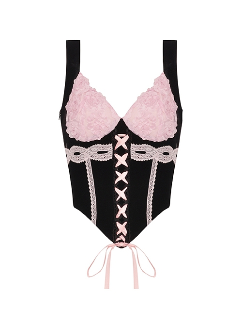 Sexy Black And Pink Three Dimensional Rose Pattern Decoration On The Front Chest With Cross Strap Gothic Lace Corset