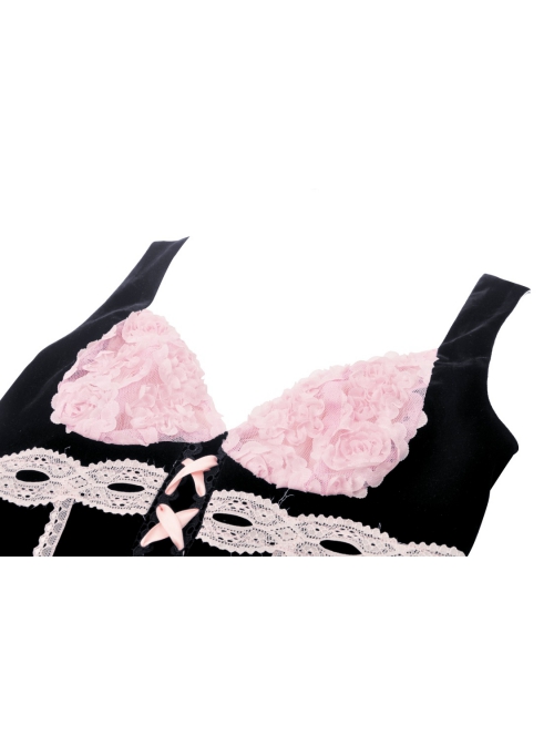 Sexy Black And Pink Three Dimensional Rose Pattern Decoration On The Front Chest With Cross Strap Gothic Lace Corset