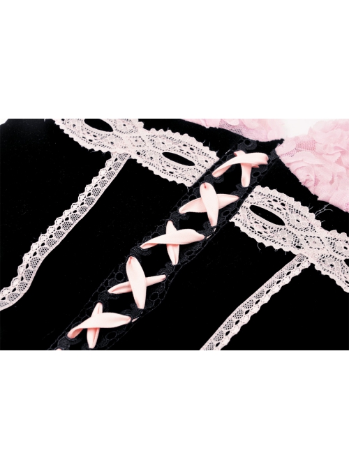 Sexy Black And Pink Three Dimensional Rose Pattern Decoration On The Front Chest With Cross Strap Gothic Lace Corset