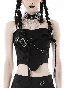 Black Simple Woven Front Chest Eyelet Strap With Rear Zipper For Easy Wearing With Punk Style Suspender Corset