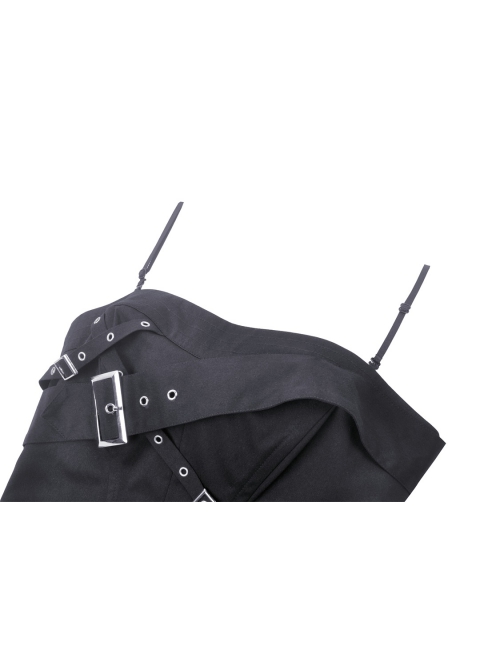 Black Simple Woven Front Chest Eyelet Strap With Rear Zipper For Easy Wearing With Punk Style Suspender Corset
