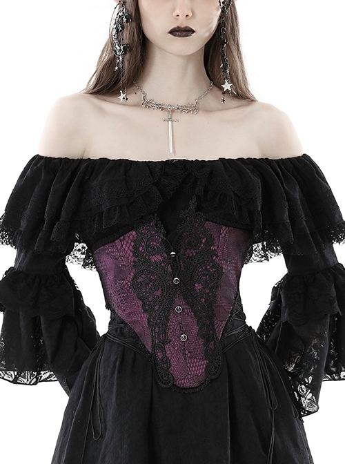 Purple Luxurious Lace Print Lace Up Sides Gothic Palace Corset