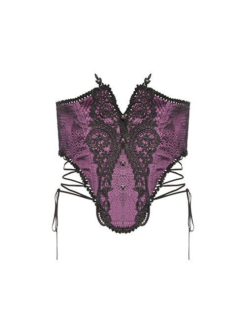 Purple Luxurious Lace Print Lace Up Sides Gothic Palace Corset