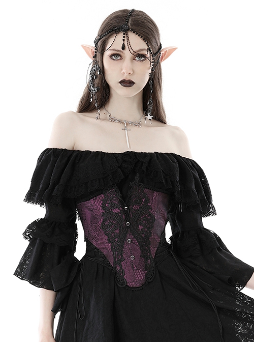 Purple Luxurious Lace Print Lace Up Sides Gothic Palace Corset