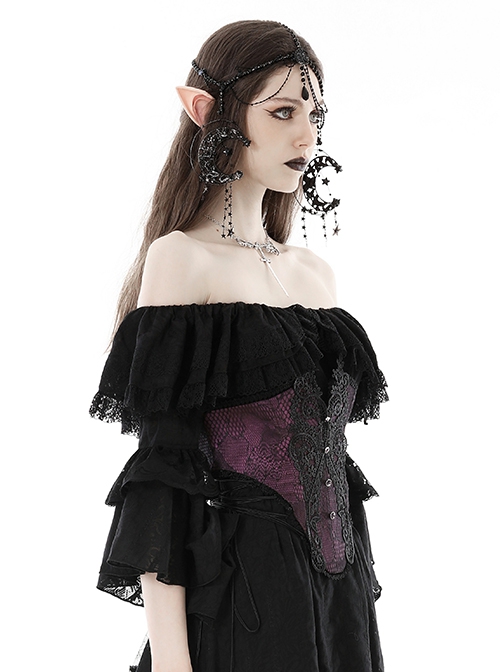 Purple Luxurious Lace Print Lace Up Sides Gothic Palace Corset