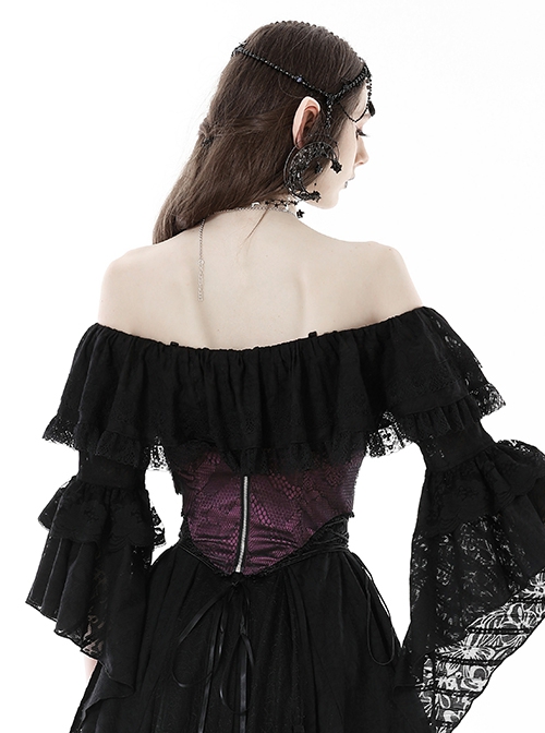 Purple Luxurious Lace Print Lace Up Sides Gothic Palace Corset