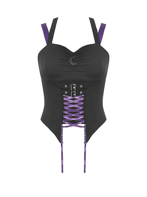 Personalized Black And Purple Arrow Halterneck Chest With Moon Pendant Decoration Punk Style Rope Corset