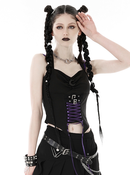 Personalized Black And Purple Arrow Halterneck Chest With Moon Pendant Decoration Punk Style Rope Corset