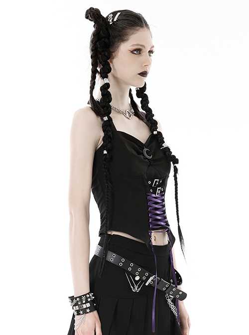 Personalized Black And Purple Arrow Halterneck Chest With Moon Pendant Decoration Punk Style Rope Corset