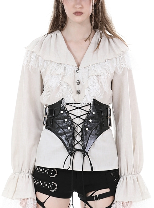 Black Glossy PU Leather Zippered Adjustable Rope Punk Style Motorcycle Belt