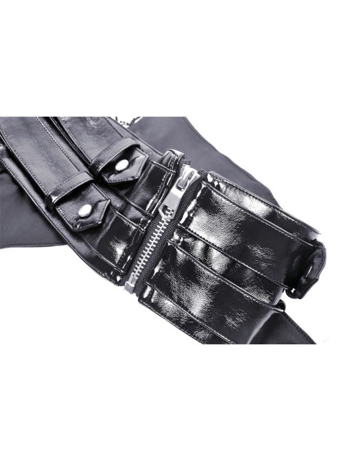 Black Glossy PU Leather Zippered Adjustable Rope Punk Style Motorcycle Belt