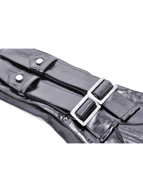 Black Glossy PU Leather Zippered Adjustable Rope Punk Style Motorcycle Belt