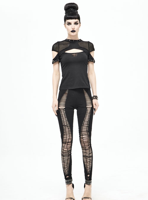 Weaved Burnt-Out Black Knitted Punk Leggings Pants