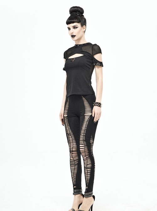 Weaved Burnt-Out Black Knitted Punk Leggings Pants