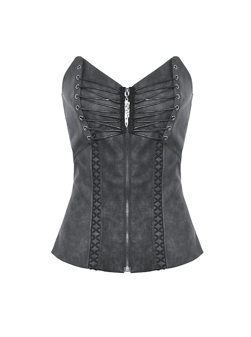 Sexy Black PU Leather Front And Rear Eyelet Adjustable Cross Straps With Metal Zipper Punk Style Corset