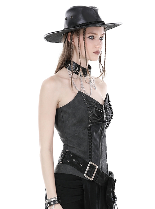 Sexy Black PU Leather Front And Rear Eyelet Adjustable Cross Straps With Metal Zipper Punk Style Corset